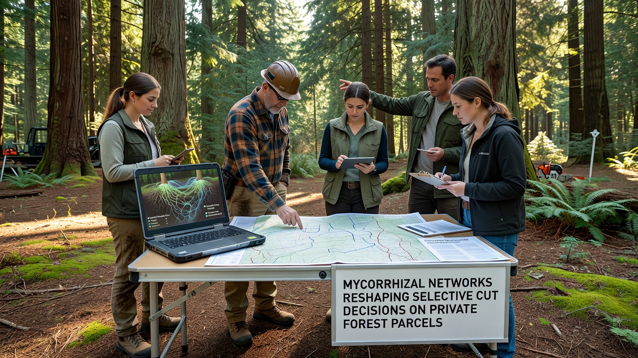 Forester examining soil samples to assess mycorrhizal activity before marking trees for selective harvest