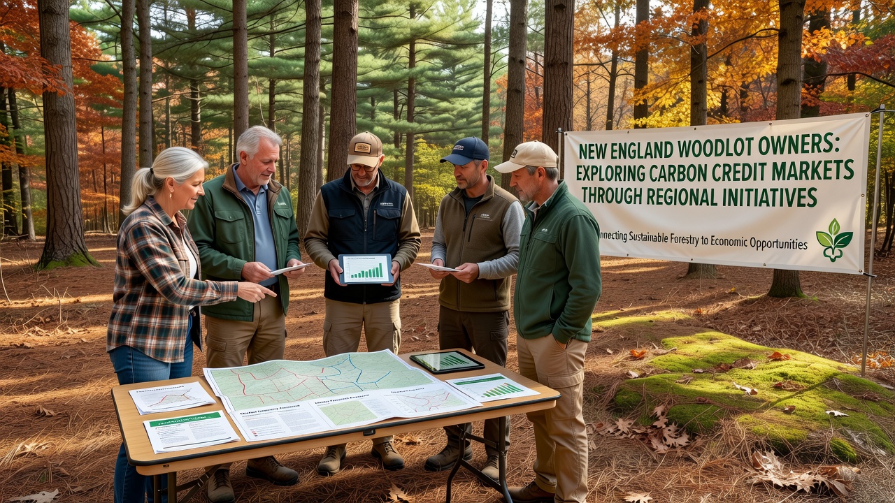 Forest landowner reviewing carbon credit enrollment documents with a forester in a mixed-species woodlot